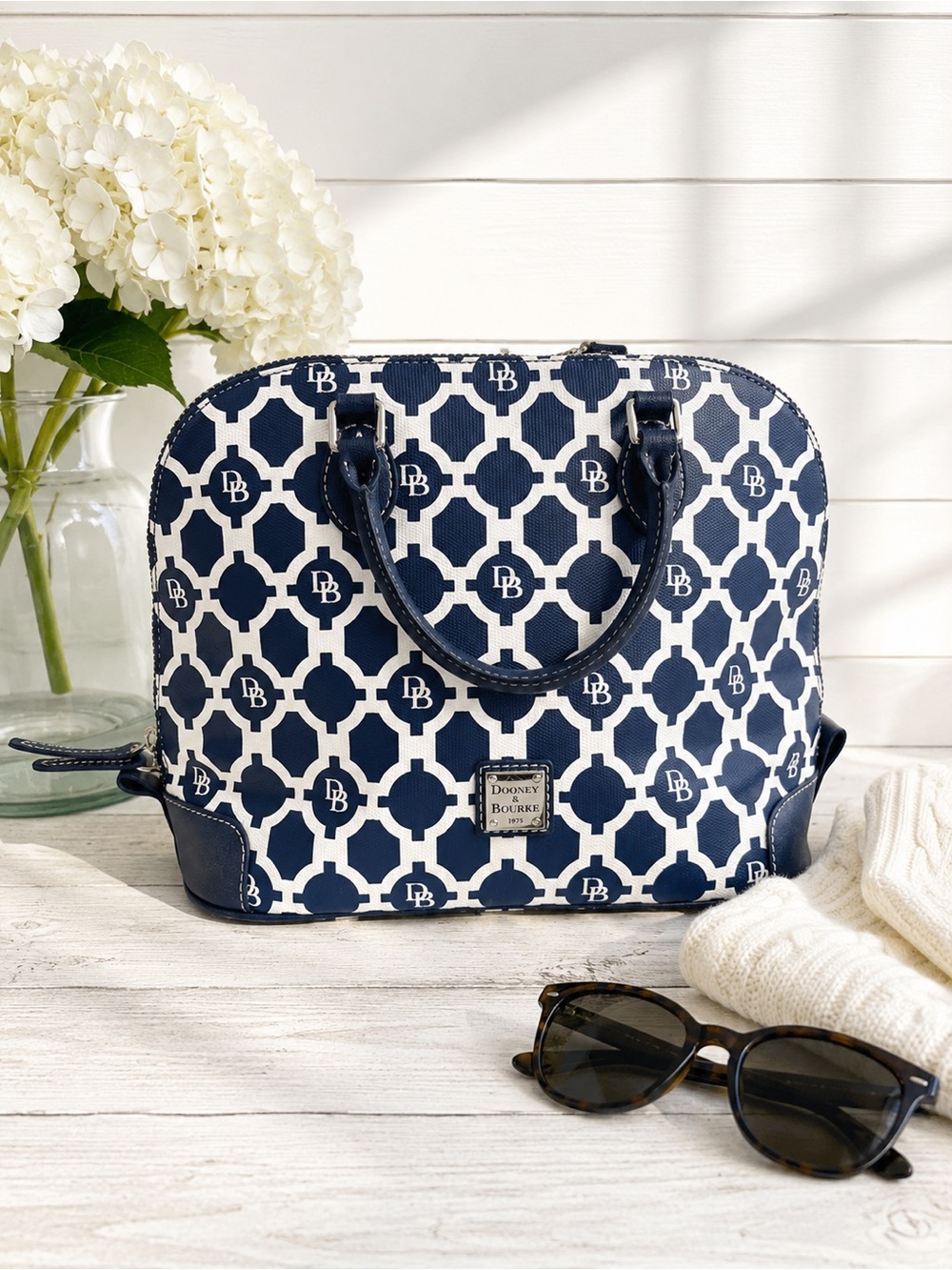 Dooney & Bourke Sanibel Coated Canvas Navy and White Monogram Satchel Crossbody